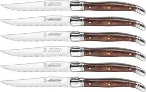 Trudeau Laguiole Steak Knives Set of 6 – Premium Stainless Steel Serrated Blades with Pakkawood Handles – Dishwasher Safe Steak Knife Set for Dinner, BBQ, or Gifting – Rustic Elegant Design