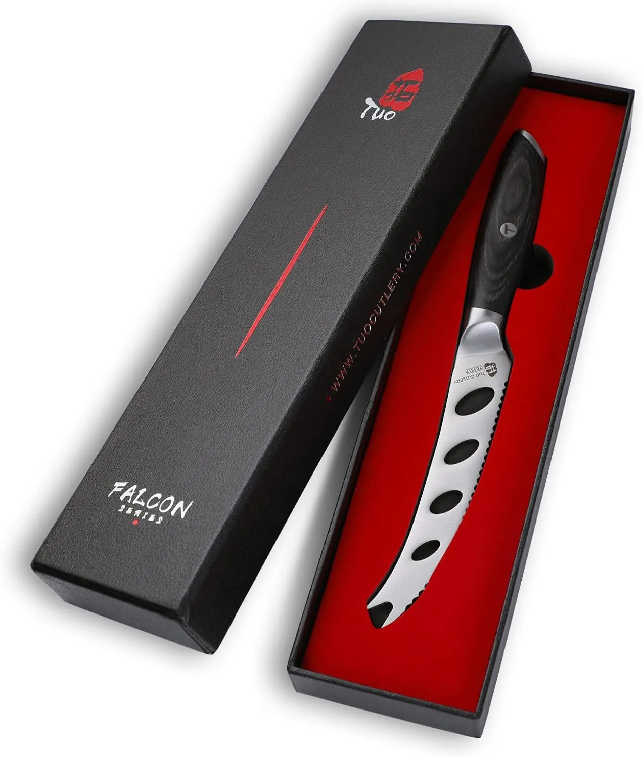 TUO Cheese Knife - 5 Inch Cheese & Tomato Knife for All Cheese Types - High Carbon German Steel Hollow & Serrated Blade - Pakkawood Handle with Gift Box - Falcon Series