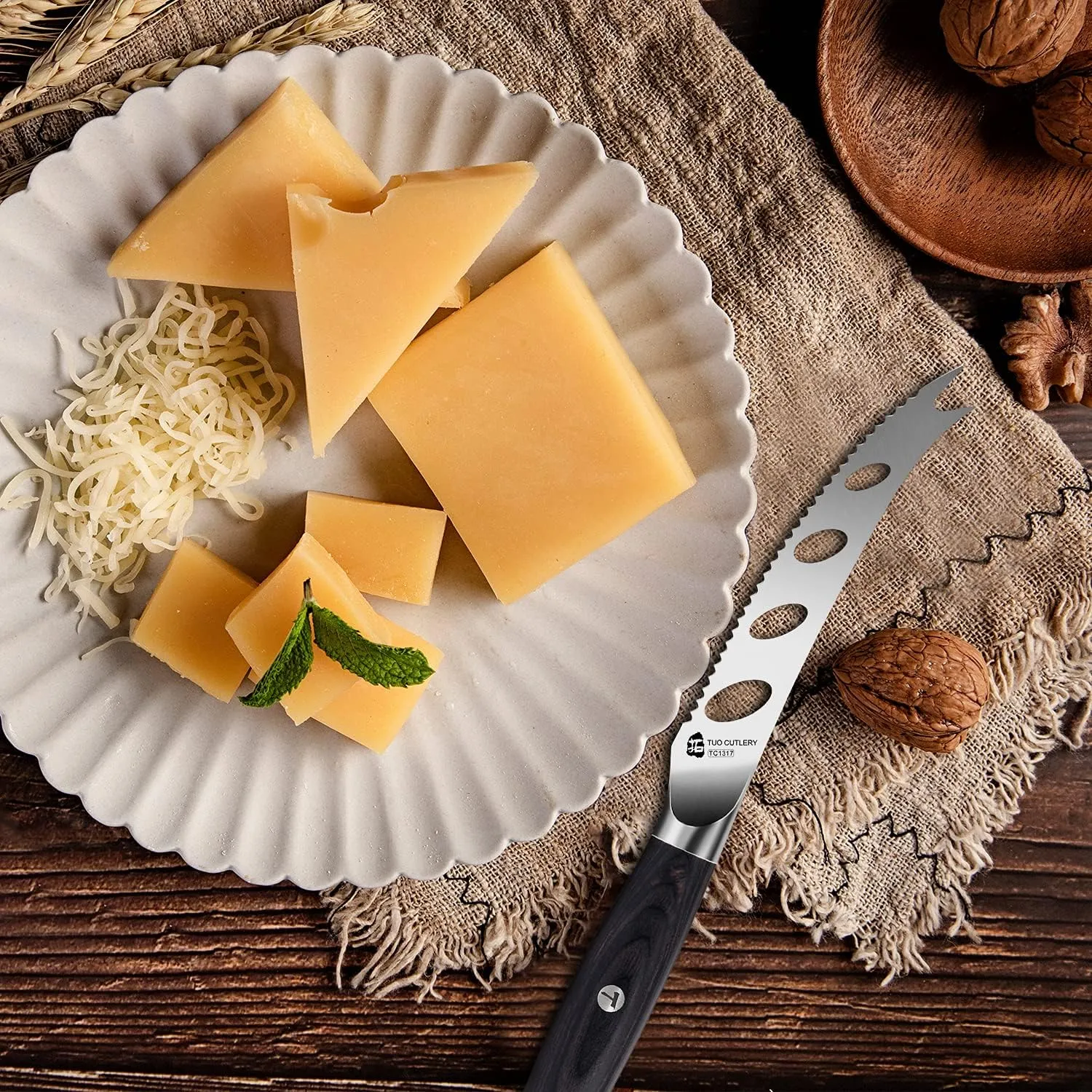 TUO Cheese Knife - 5 Inch Cheese & Tomato Knife for All Cheese Types - High Carbon German Steel Hollow & Serrated Blade - Pakkawood Handle with Gift Box - Falcon Series