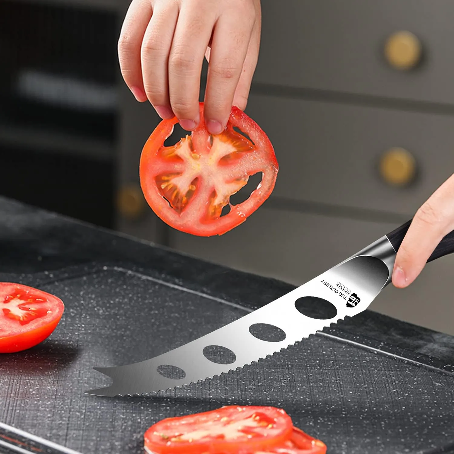 TUO Cheese Knife - 5 Inch Cheese & Tomato Knife for All Cheese Types - High Carbon German Steel Hollow & Serrated Blade - Pakkawood Handle with Gift Box - Falcon Series
