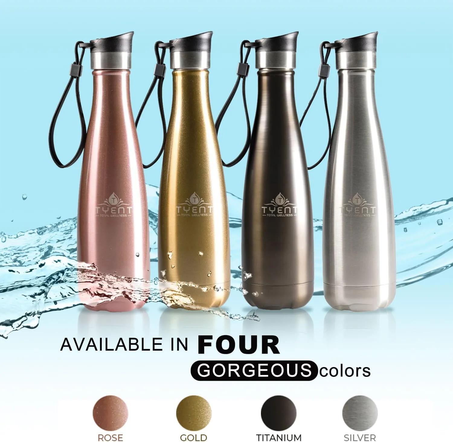 TYENT - Contemporary Drinkware - Insulated Stainless Steel Bottles - Dual Walls - Easy-Sip Cap - Beverages stay Hot or Cold 24 Hours - BPA-Free - Earth-Friendly Reusability - 750ml - Gold
