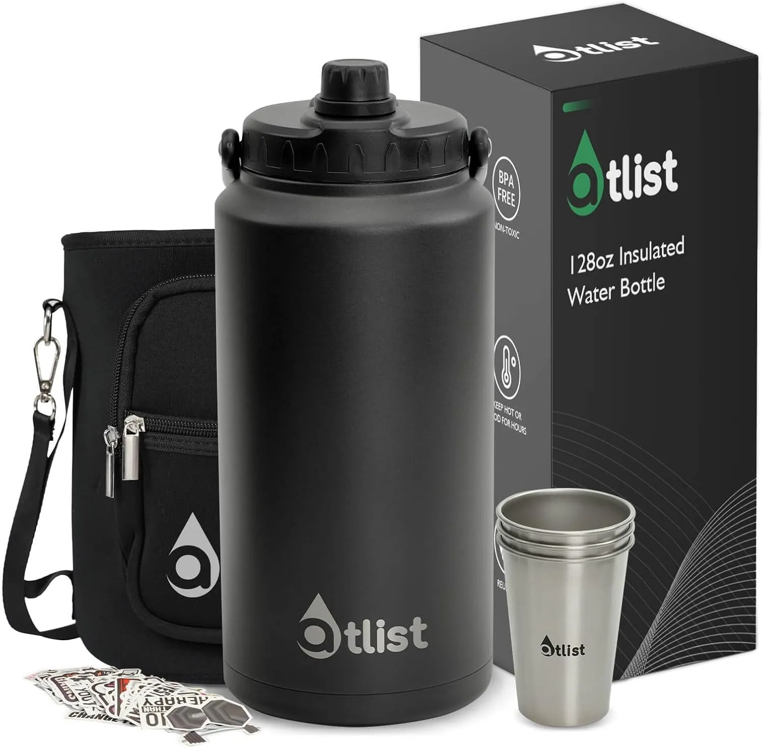 Ultra-Tough 1 Gallon Water Bottle Insulated Leakproof Jug with 3 Stacking Pint Cups for Hiking, Camping, Sports & Outdoor Adventures