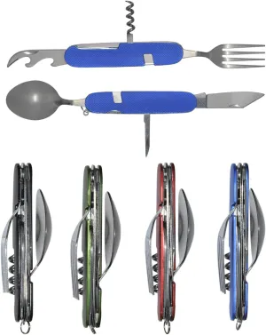 UNCLE JAKE 4 Set 6-in-1 Camping Utensil Stainless Steel Fork Knife Spoon Bottle Opener, Travel Cutlery Hobo Set with both hands