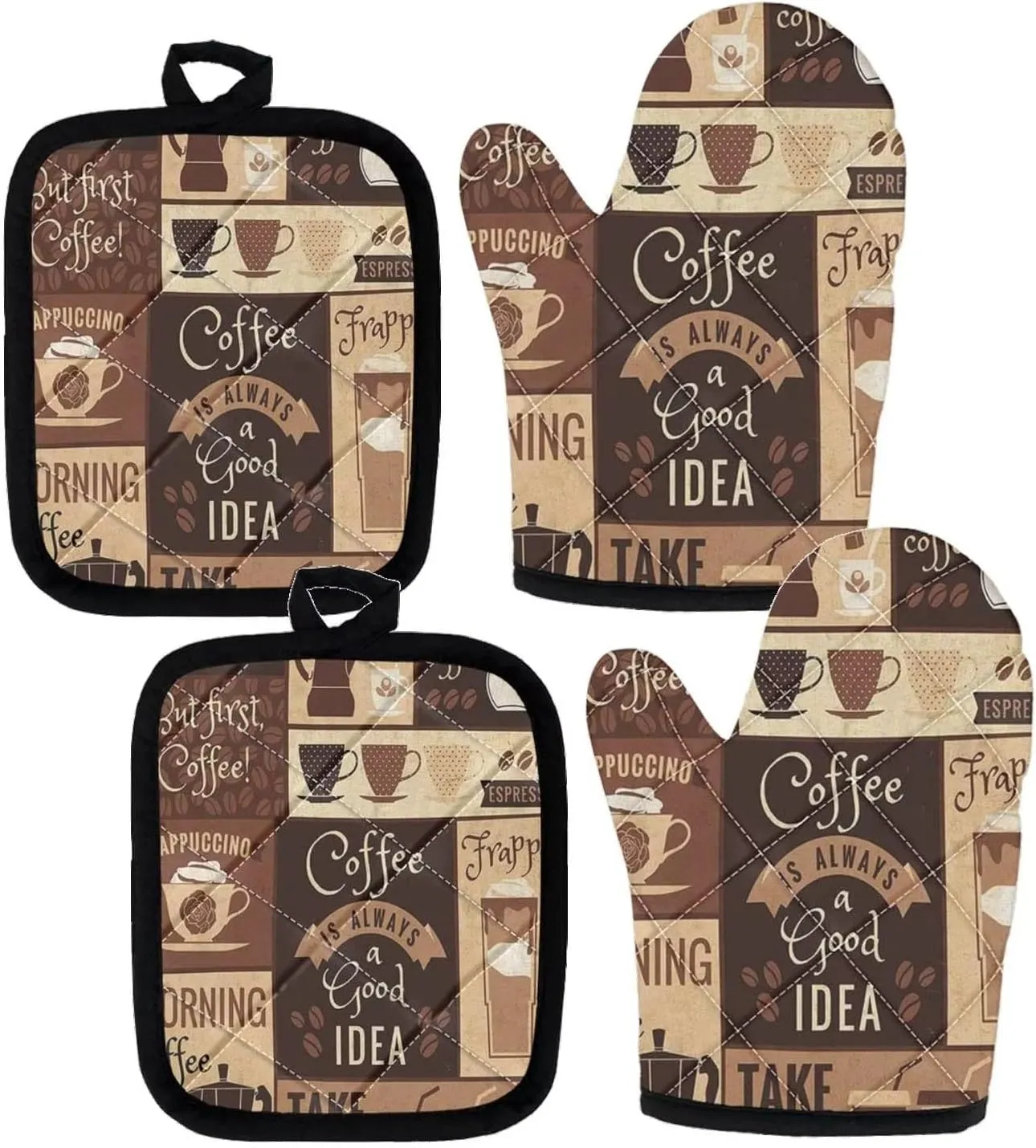 UNICEU Coffee is Always a Good Idea Oven Mitts Non Slip Heat Resistant Kitchen Gloves and Pot Holders 4 Pcs for Baking Cooking Grilling BBQ