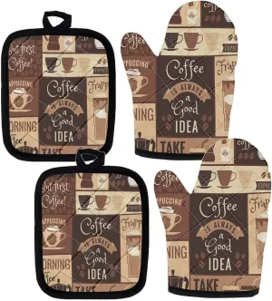 UNICEU Coffee is Always a Good Idea Oven Mitts Non Slip Heat Resistant Kitchen Gloves and Pot Holders 4 Pcs for Baking Cooking Grilling BBQ