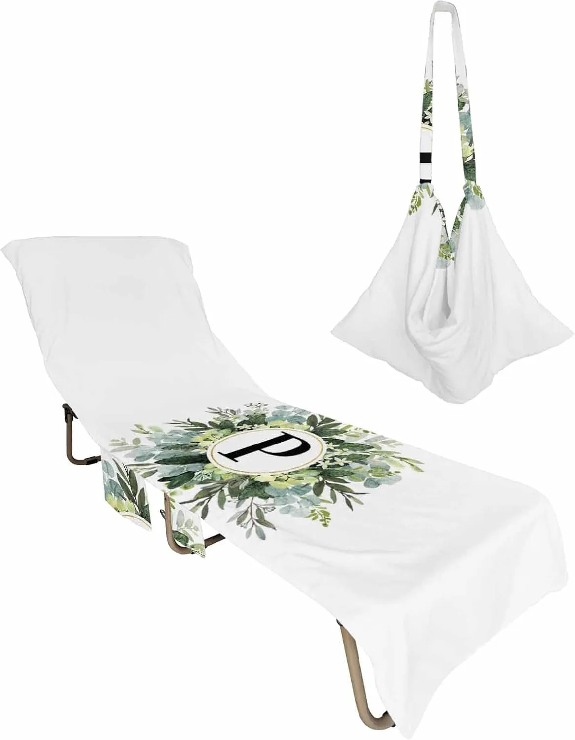Unique P Beach Pool Patio Lounge Chaise Chair Cover Towel With Pockets, Absorbent & Quick Dry Microfiber Towel Cover Bag Summer Travel Accessories for Sunbathing Monogrammed Eucalyptus Flower Green