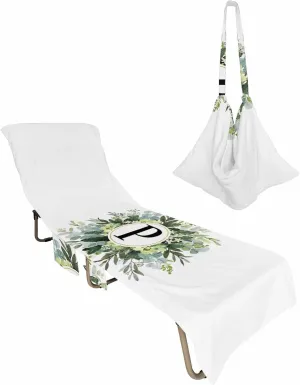 Unique P Beach Pool Patio Lounge Chaise Chair Cover Towel With Pockets, Absorbent & Quick Dry Microfiber Towel Cover Bag Summer Travel Accessories for Sunbathing Monogrammed Eucalyptus Flower Green