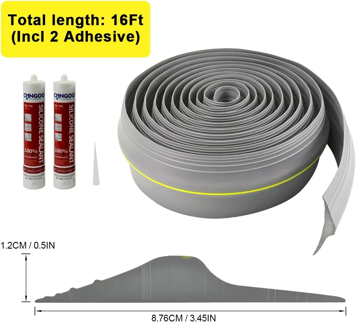 Universal Garage Door Bottom Threshold Seal Rubber Strip with Adhesives, DIY Weatherproof Weather Stripping Replacement (16FT, Gray)