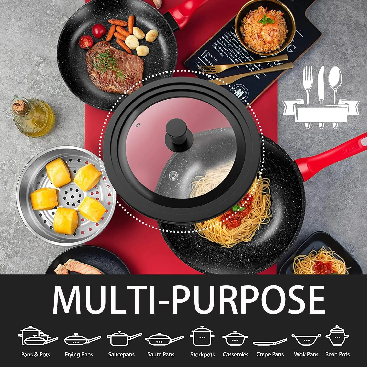 Universal Lid for Pots, Pans and Skillets - Tempered Glass with Heat Resistant Silicone Rim and Heat Resistant Handle Fits 10", 11" and 12" Diameter Cookware, Black