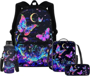 Upetstory Butterfly Backpack for Girls School Bag Set with Lunch Bag Kids Pencil Purse Middle School Bookbag Elementary Kindergarten Preschool Schoolbag Water Bottle Pouch Daypack Rucksack