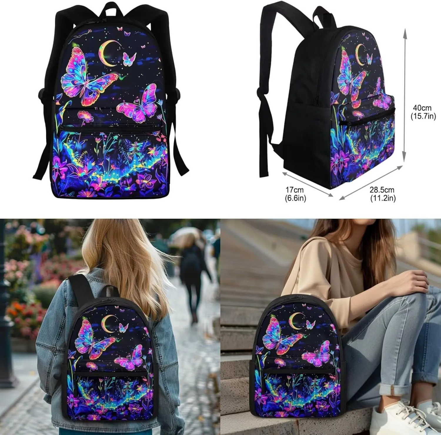 Upetstory Butterfly Backpack for Girls School Bag Set with Lunch Bag Kids Pencil Purse Middle School Bookbag Elementary Kindergarten Preschool Schoolbag Water Bottle Pouch Daypack Rucksack
