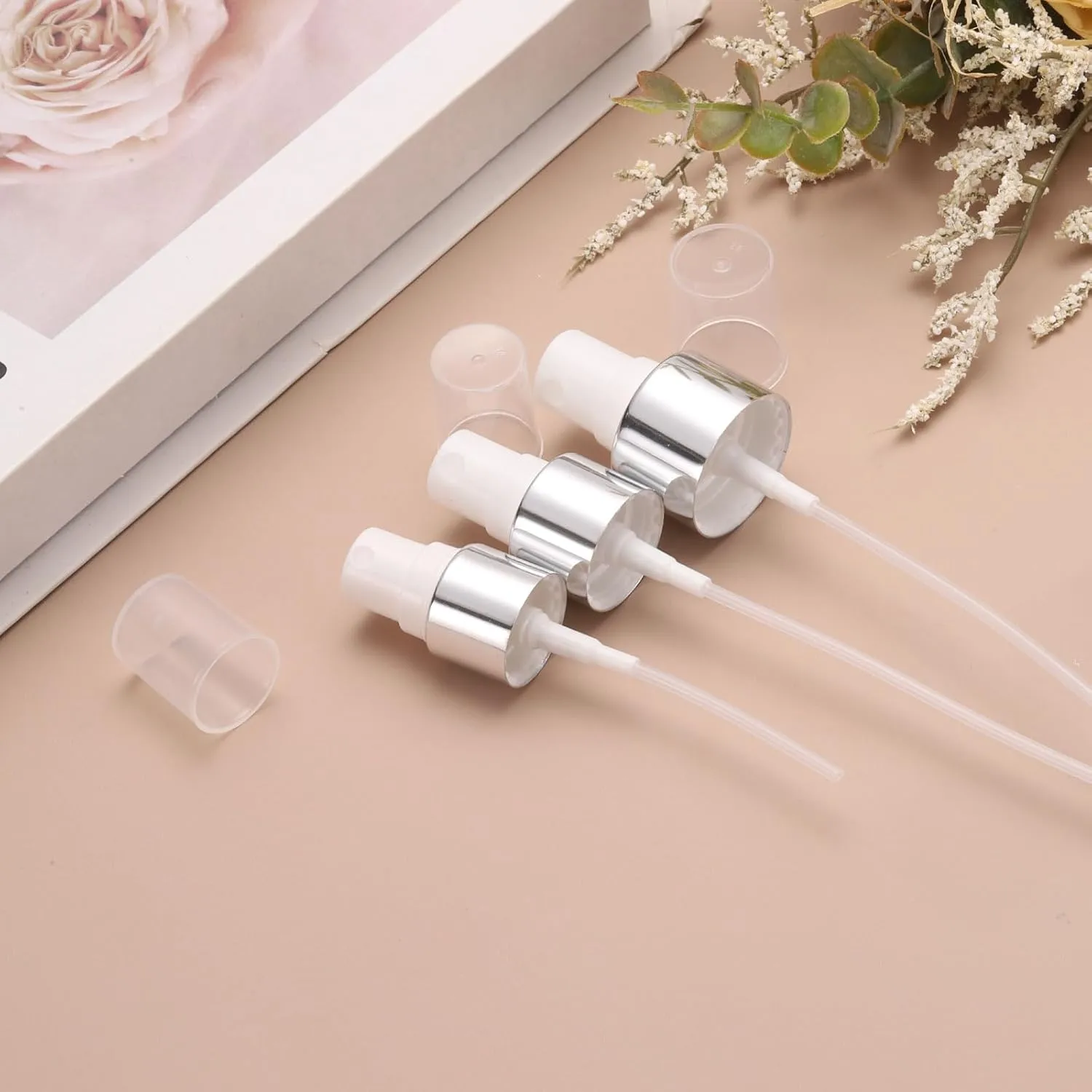 uxcell 12 Pcs Silver White Spray Top, 24/410 Fine Mist Sprayer Reusable Replacement Spray Bottle Pump Plastic Top for Essential Oil Hair and Body Sprays Bottle