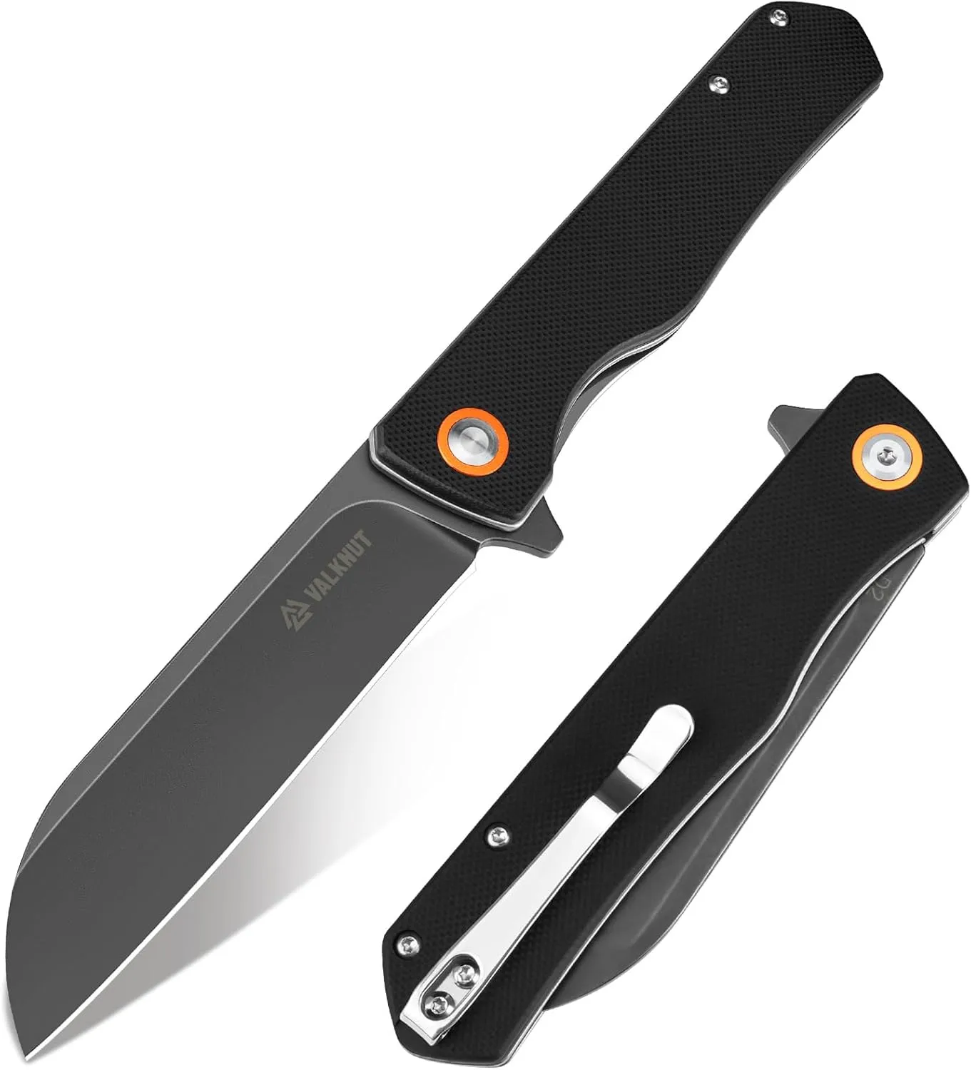 VALKNUT EDC Folding Pocket Knife, D2 Steel Sheepsfoot Stonewashed Blade Knives with Black G10 Handle, Small Utility Pocket Knife for Outdoor Camping & Hiking Work