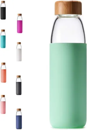 veegoal 18 Oz Borosilicate Glass Water Bottles with Bamboo Lid, BPA-FREE, Non-Slip Silicone Sleeve, and Stainless Steel Leak Proof Lid - Reusable Glass Bottle for Men and Women