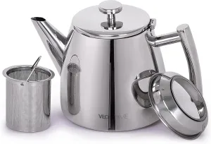 VeoHome Stainless Steel Tea Pot with Infuser - Keeps Heat Thanks to its Double Wall, Silver (1 Liter (34 oz))…
