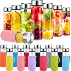 Vesici 12 Pcs 18 oz Glass Juice Bottles Wide Mouth Glass Bottles with Stainless Steel Lid Sleeve, Reusable Leakproof Jars with Colorful Protection Sleeve for Shaker Cup Juice Smoothies Water