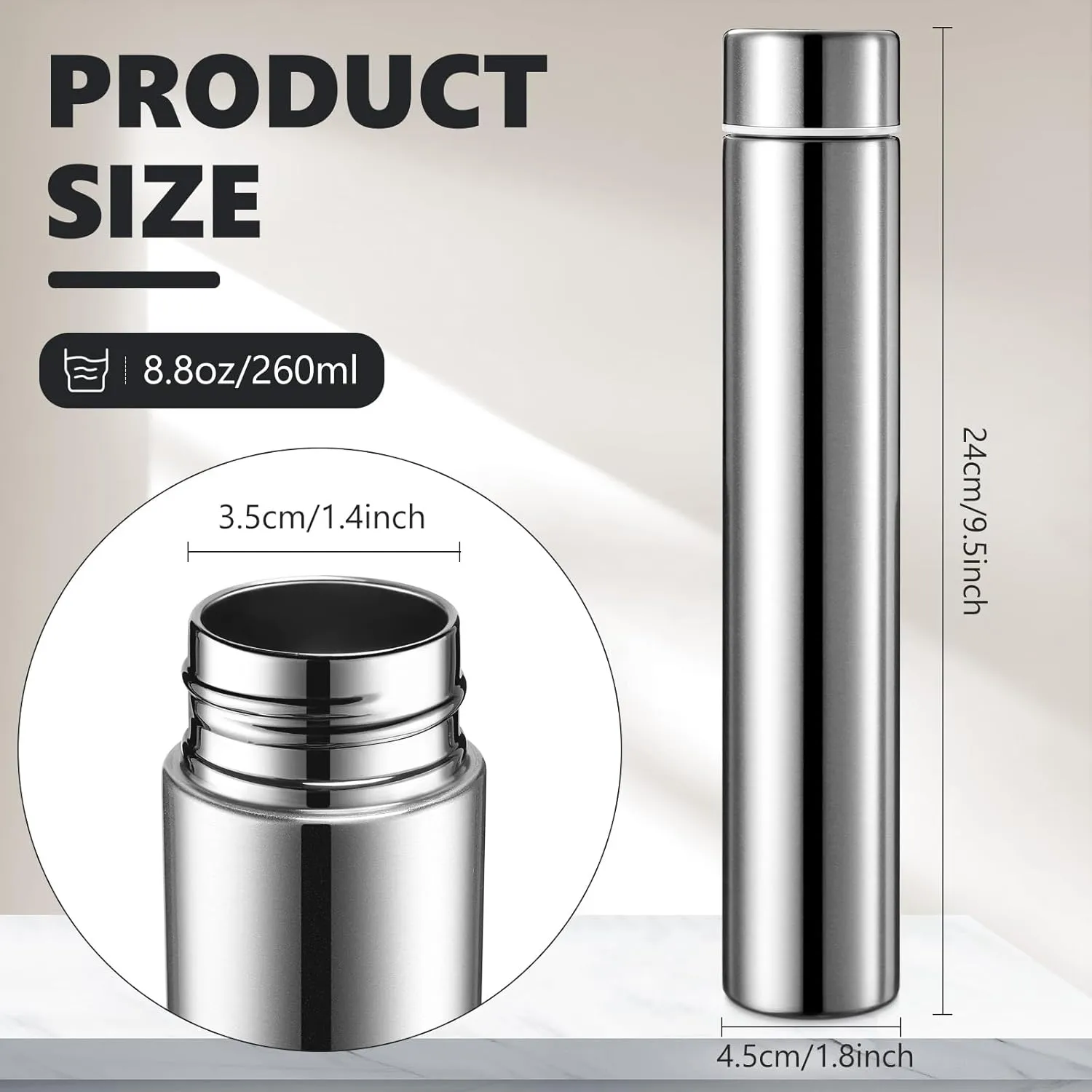 Vesici Slim Water Bottle 8.8 oz Small Stainless Steel Purse Compact Insulated Water Bottles Camping Travel Backpack Pocket Flask for Car Cold Coffee Tea(Silver,1 Pack)