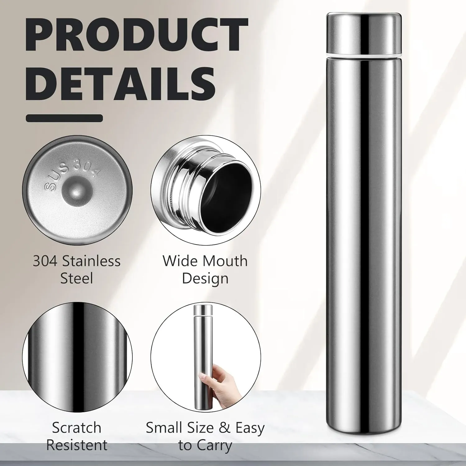 Vesici Slim Water Bottle 8.8 oz Small Stainless Steel Purse Compact Insulated Water Bottles Camping Travel Backpack Pocket Flask for Car Cold Coffee Tea(Silver,1 Pack)
