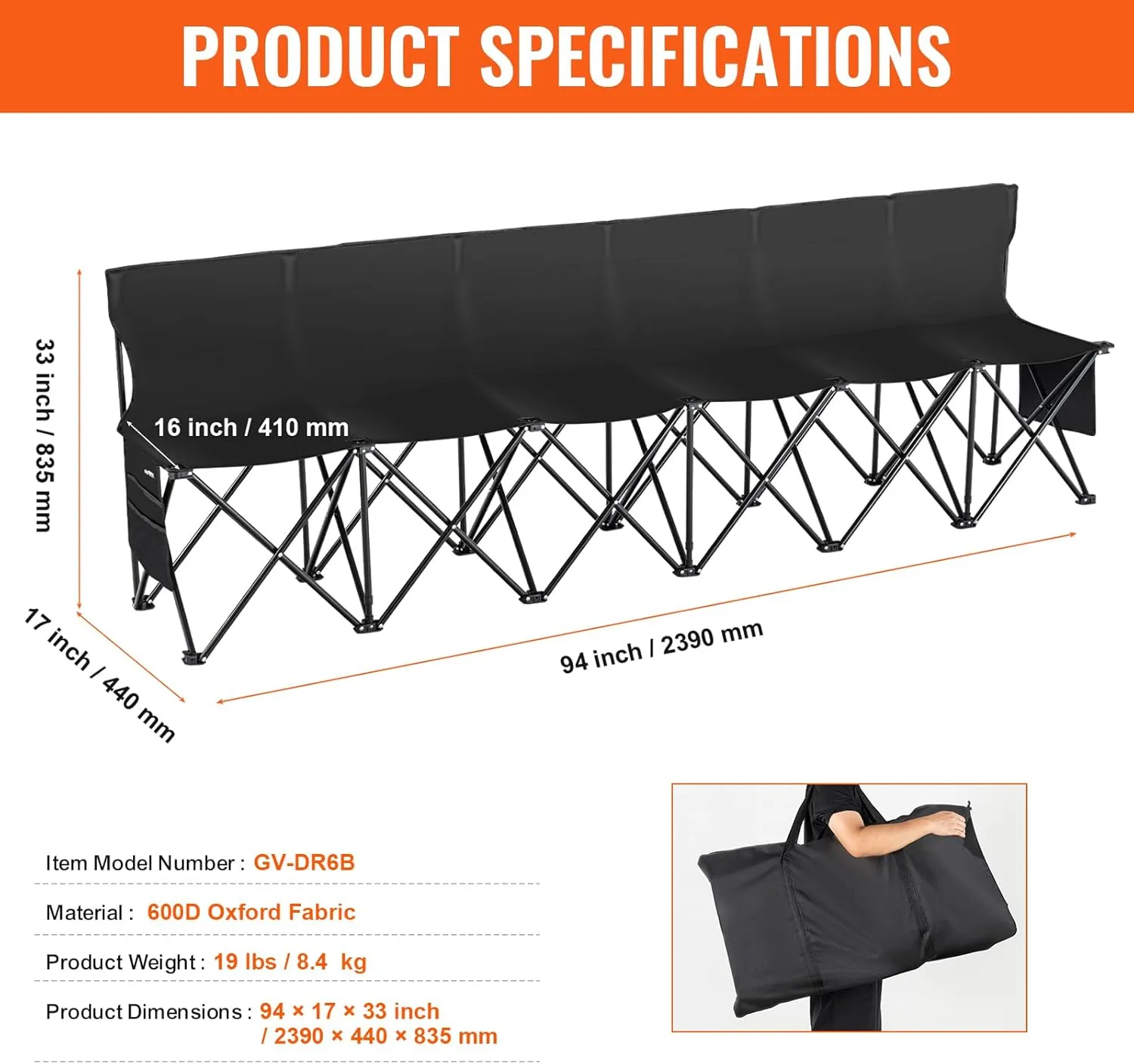 VEVOR Portable Folding Bench, 6 Seats Foldable Sideline Bench, Outdoor Camping Bench Chair with Carry Bag & Backrest, Team Sport Sideline Bench for Football Fishing, 6 Seats, 8seats