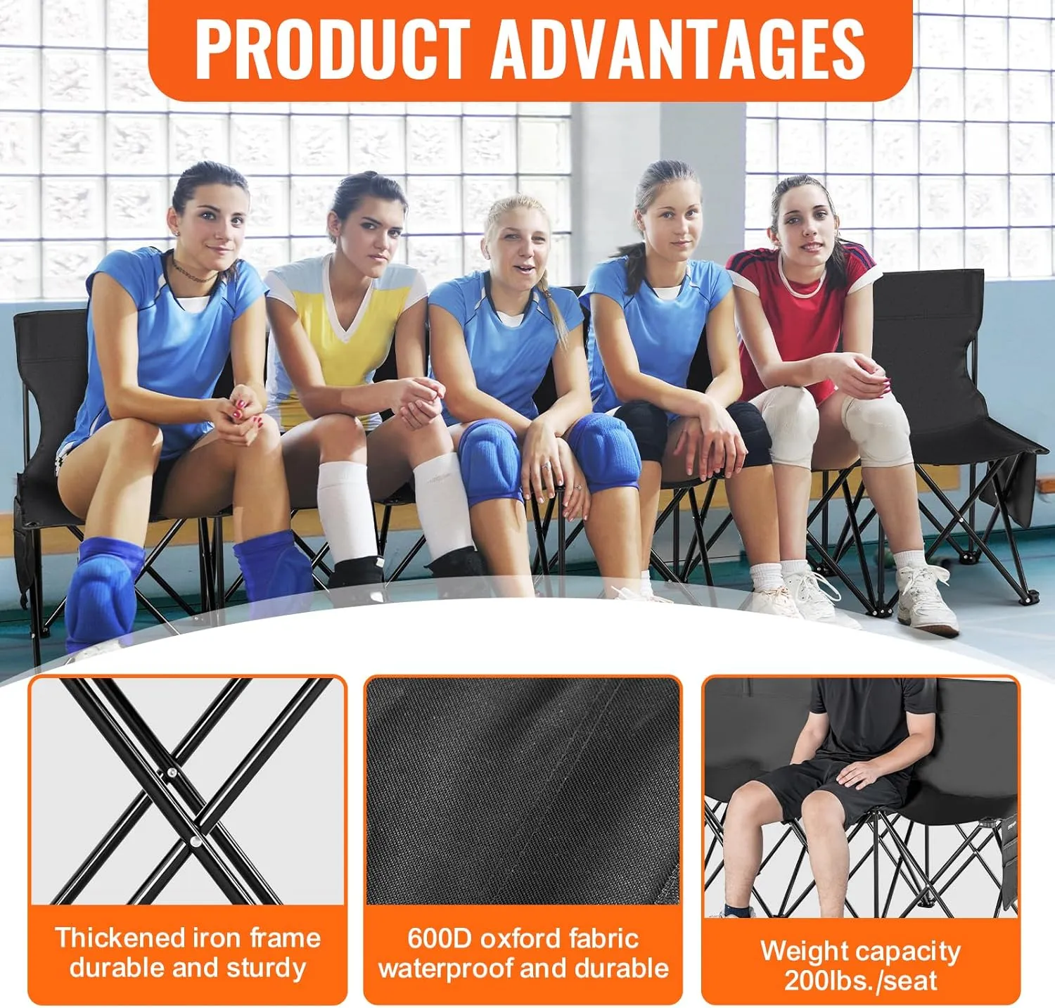 VEVOR Portable Folding Bench, 6 Seats Foldable Sideline Bench, Outdoor Camping Bench Chair with Carry Bag & Backrest, Team Sport Sideline Bench for Football Fishing, 6 Seats, 8seats