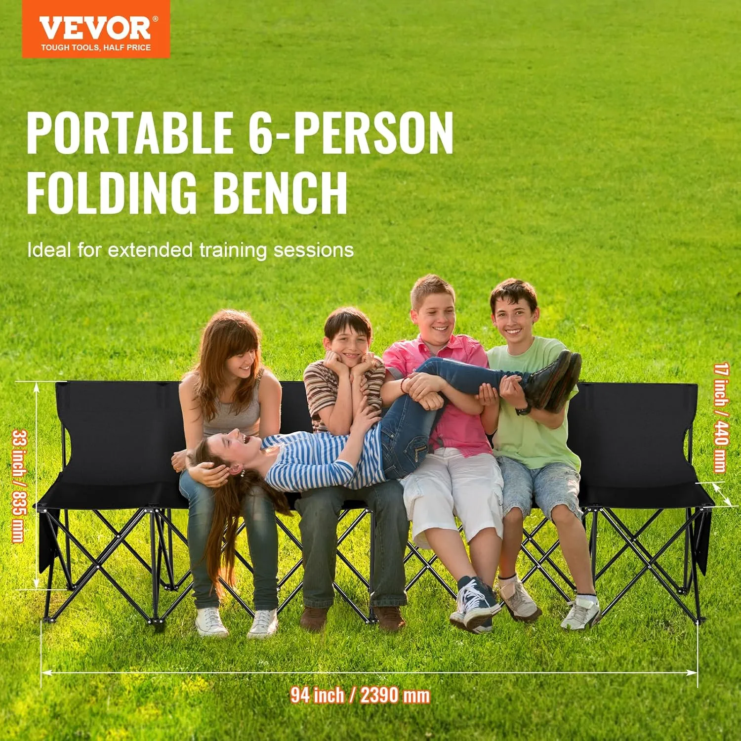 VEVOR Portable Folding Bench, 6 Seats Foldable Sideline Bench, Outdoor Camping Bench Chair with Carry Bag & Backrest, Team Sport Sideline Bench for Football Fishing, 6 Seats, 8seats