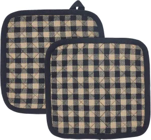 VHC Brands Cotton Pot Holder Set of 2, Heat Resistant, Kitchen Potholders, Black Check Collection, Square 8x8, Country Black