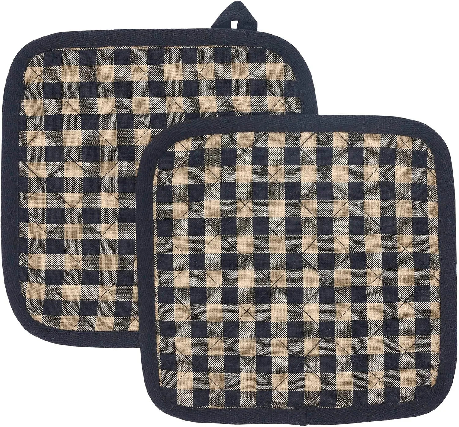 VHC Brands Cotton Pot Holder Set of 2, Heat Resistant, Kitchen Potholders, Black Check Collection, Square 8x8, Country Black