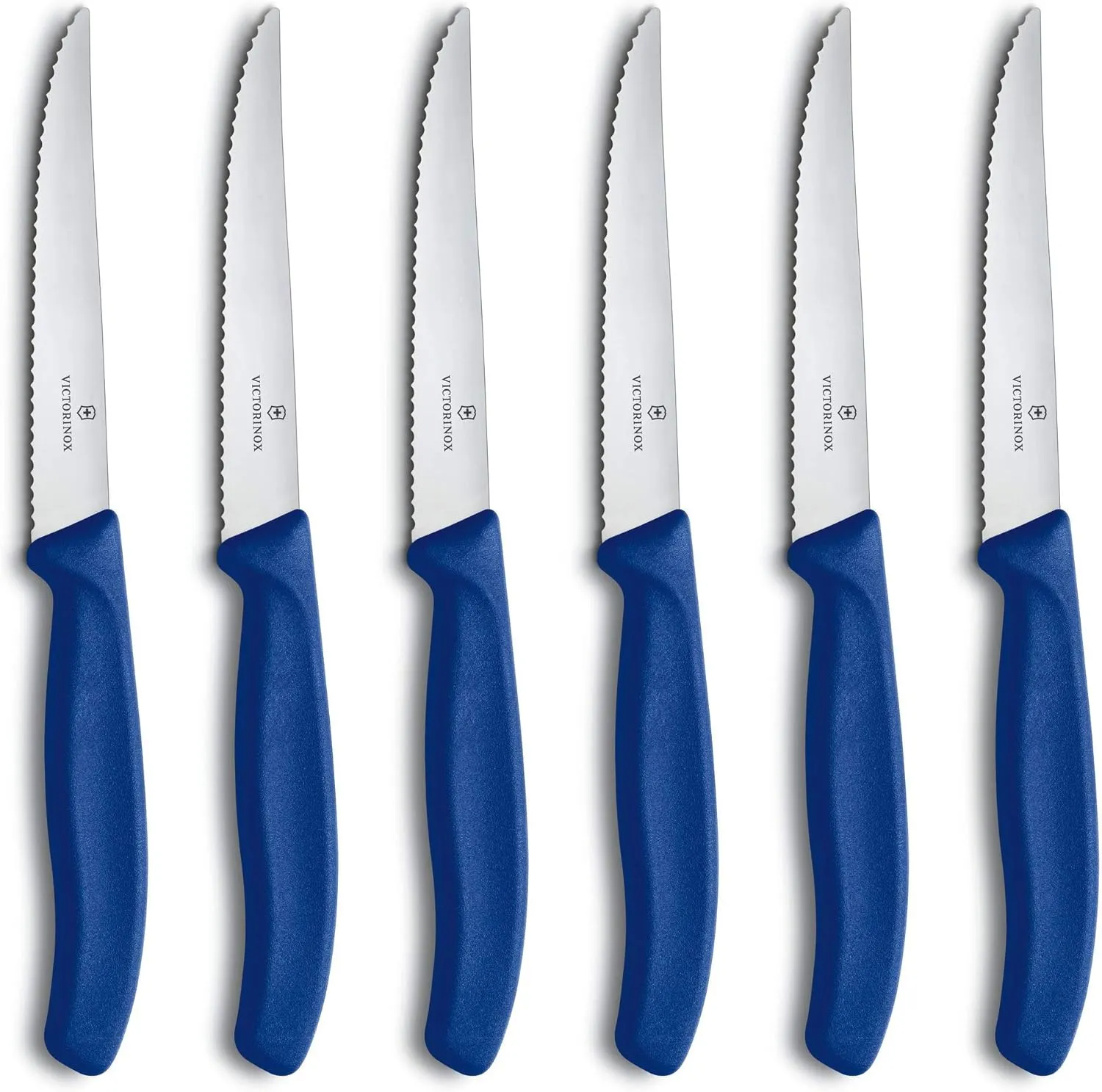 Victorinox 6.7232.6 Swiss Classic Steak Knife Set Ideal for Slicing a Wide Variety of Steak Cuts Wavy Edge Blade in Blue, Set of 6