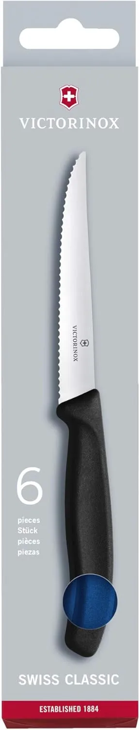 Victorinox 6.7232.6 Swiss Classic Steak Knife Set Ideal for Slicing a Wide Variety of Steak Cuts Wavy Edge Blade in Blue, Set of 6