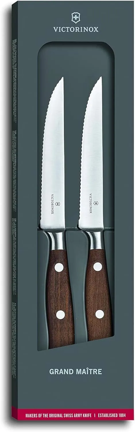 Victorinox Grand Maitre Steak Knife Set - Premium Meat Knives with Ergonomic Handle - Modern Cooking Knives - Exceptional Kitchen Accessories - Wood Handle, Serrated Edge, 5", 2-Piece Set