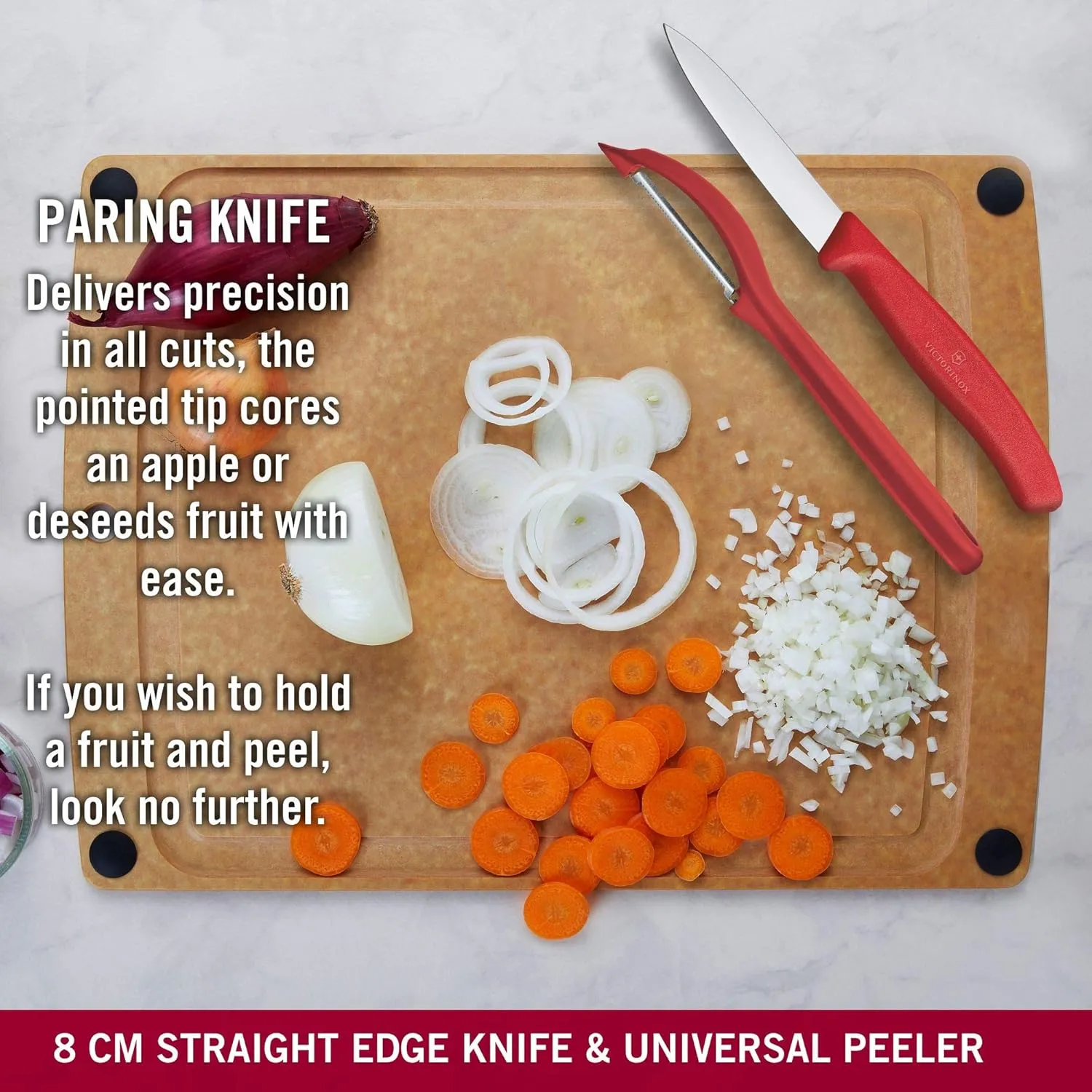 Victorinox Swiss Classic Paring Knife Set with Peeler - Includes a Straight Edge & Serrated Paring Knife, & Fruit & Vegetable Peeler - Red Handle, 3-Piece Set
