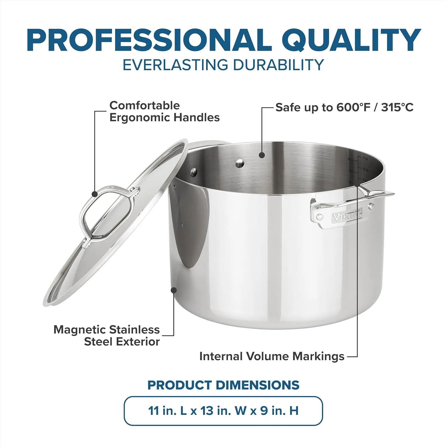 Viking 3-Ply Stainless Steel Stock Pot, 12 Quart Soup Cooking Pot with Lid, Kitchen Cookware, Dishwasher and Oven Safe, Induction Ready, Silver