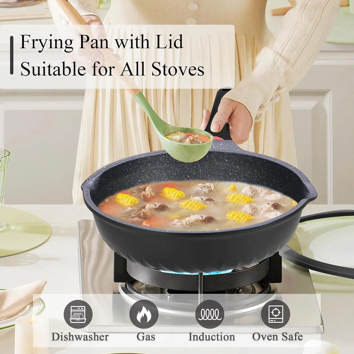 Vinchef Nonstick Skillet with Lid, 11In/5Qt Aluminum Deep Frying/Saute Pan with Lid and Heat Indicator, Anti Scratch and Anti Stain, Induction Compatible