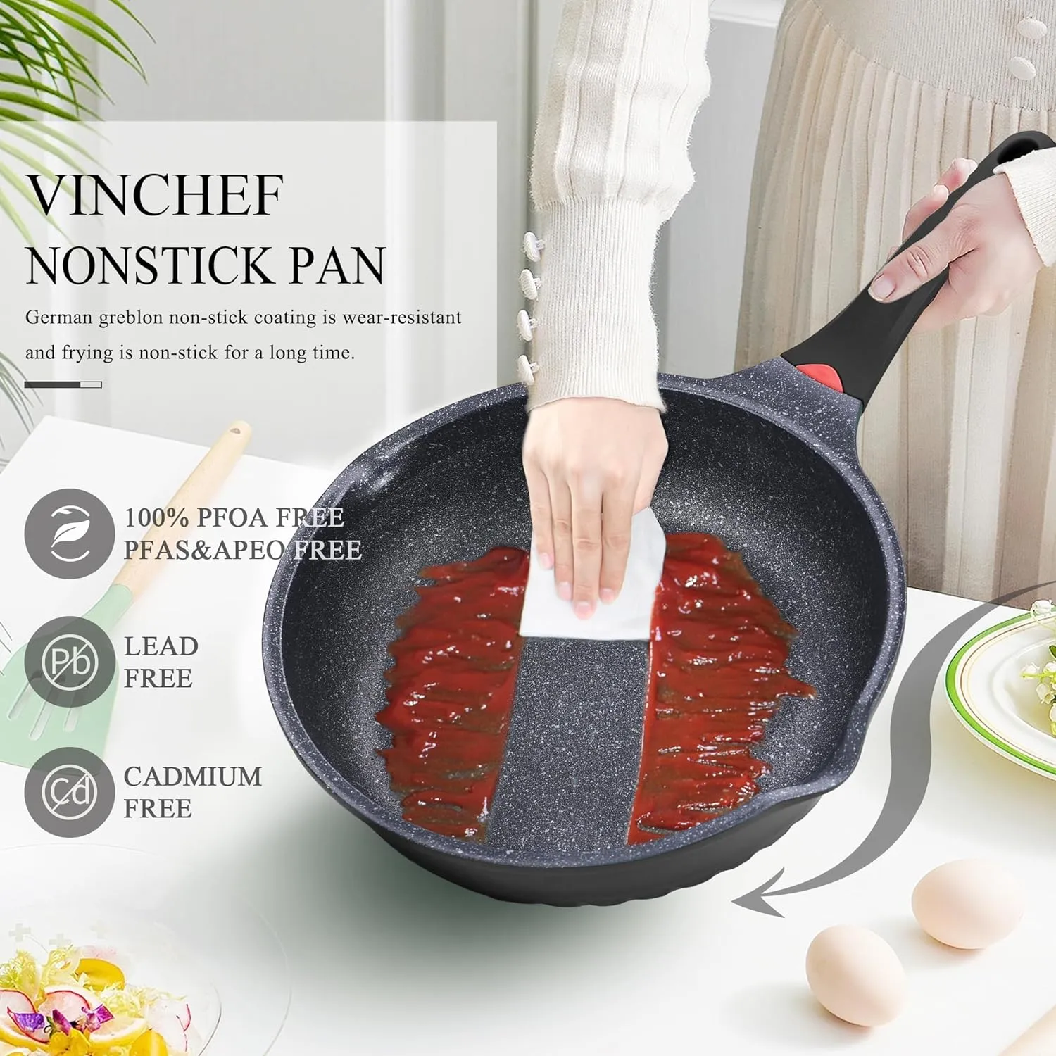Vinchef Nonstick Skillet with Lid, 11In/5Qt Aluminum Deep Frying/Saute Pan with Lid and Heat Indicator, Anti Scratch and Anti Stain, Induction Compatible