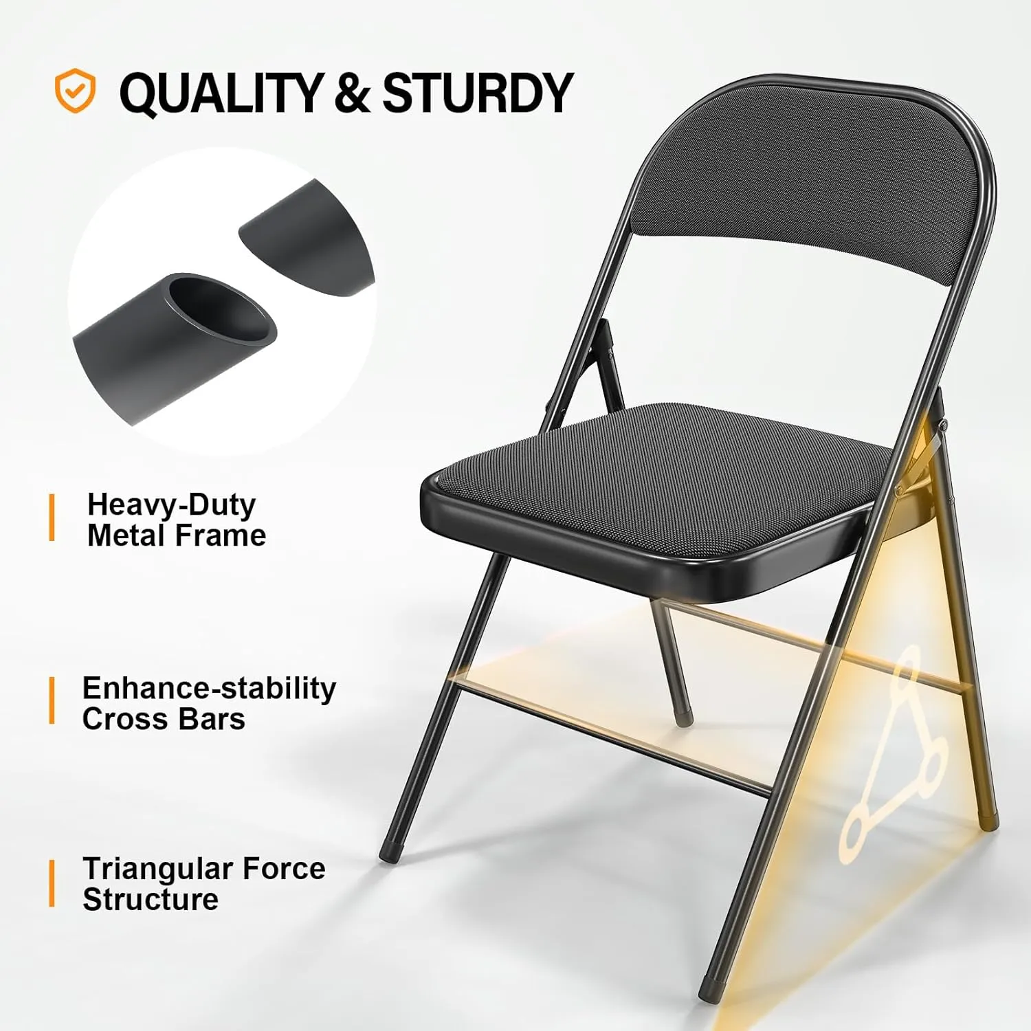 VINGLI 10 Pack Folding Chairs with Padded Seats, Metal Frame with Fabric Seat & Back, Capacity 350 lbs, Black, Set of 10