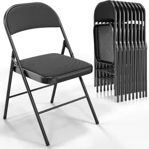 VINGLI 10 Pack Folding Chairs with Padded Seats, Metal Frame with Fabric Seat & Back, Capacity 350 lbs, Black, Set of 10