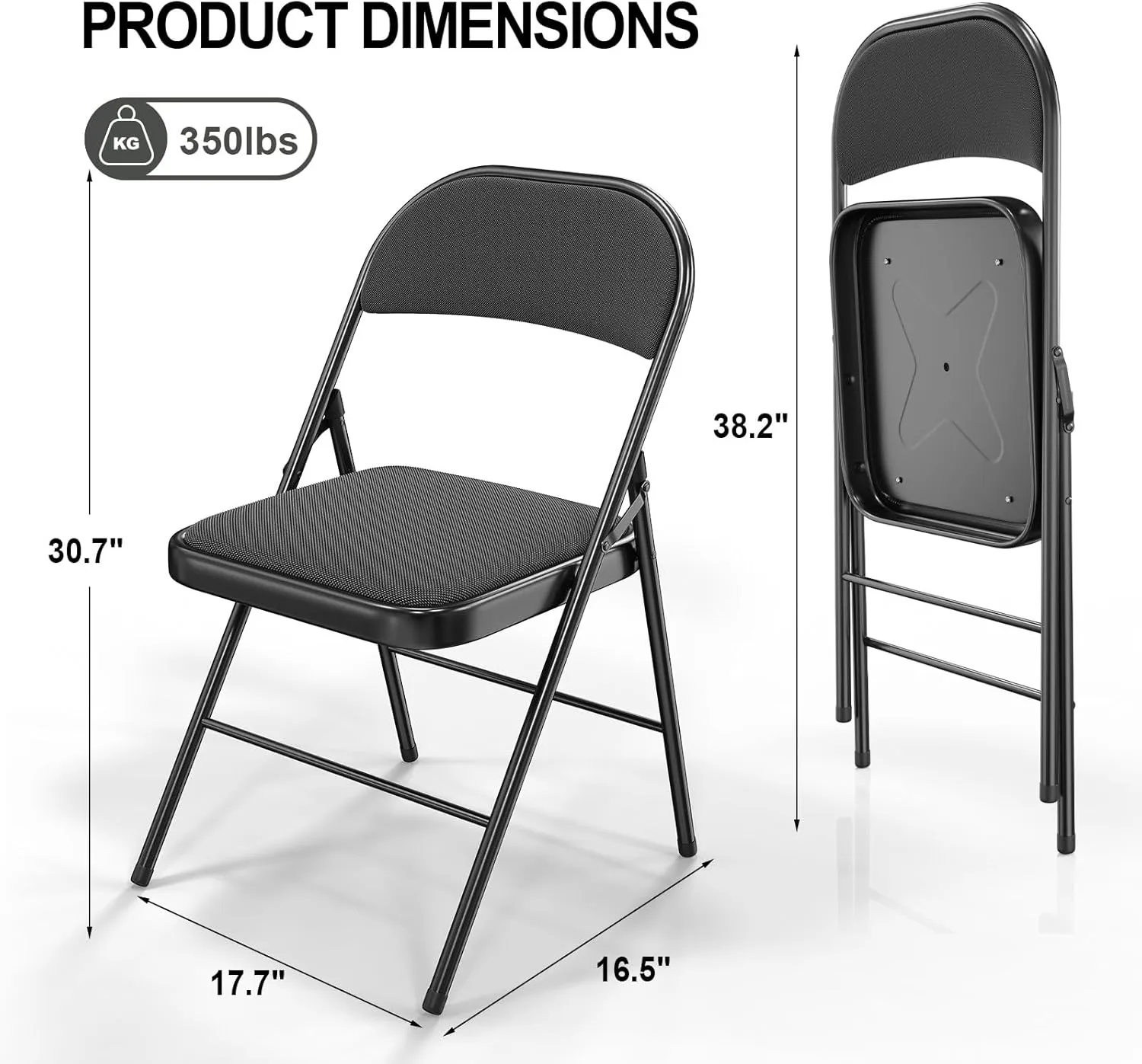 VINGLI 10 Pack Folding Chairs with Padded Seats, Metal Frame with Fabric Seat & Back, Capacity 350 lbs, Black, Set of 10
