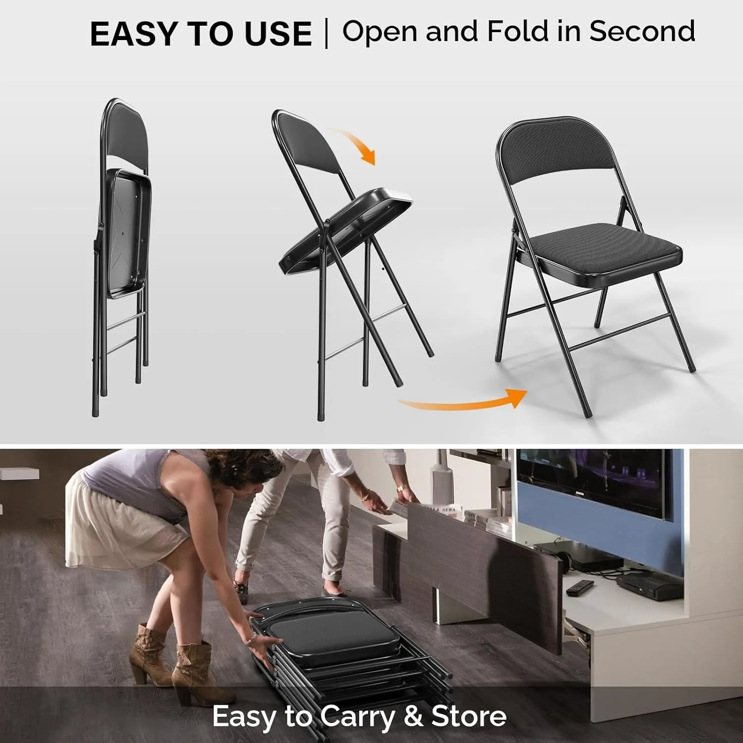 VINGLI 10 Pack Folding Chairs with Padded Seats, Metal Frame with Fabric Seat & Back, Capacity 350 lbs, Black, Set of 10