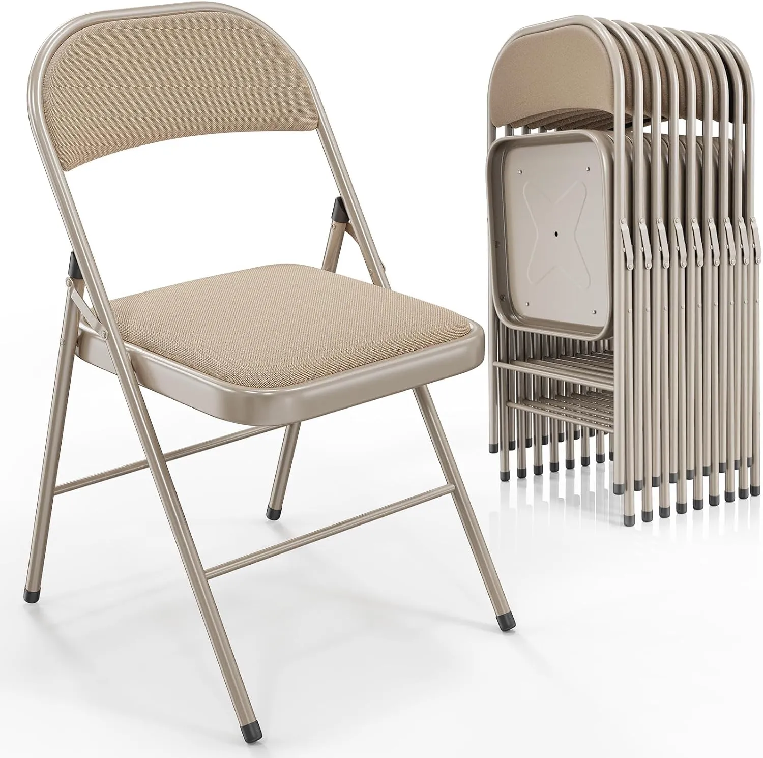 VINGLI 10 Pack Folding Chairs with Padded Seats, Metal Frame with Fabric Seat & Back, Capacity 350 lbs, Khaki, Set of 10