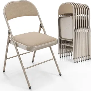 VINGLI 10 Pack Folding Chairs with Padded Seats, Metal Frame with Fabric Seat & Back, Capacity 350 lbs, Khaki, Set of 10
