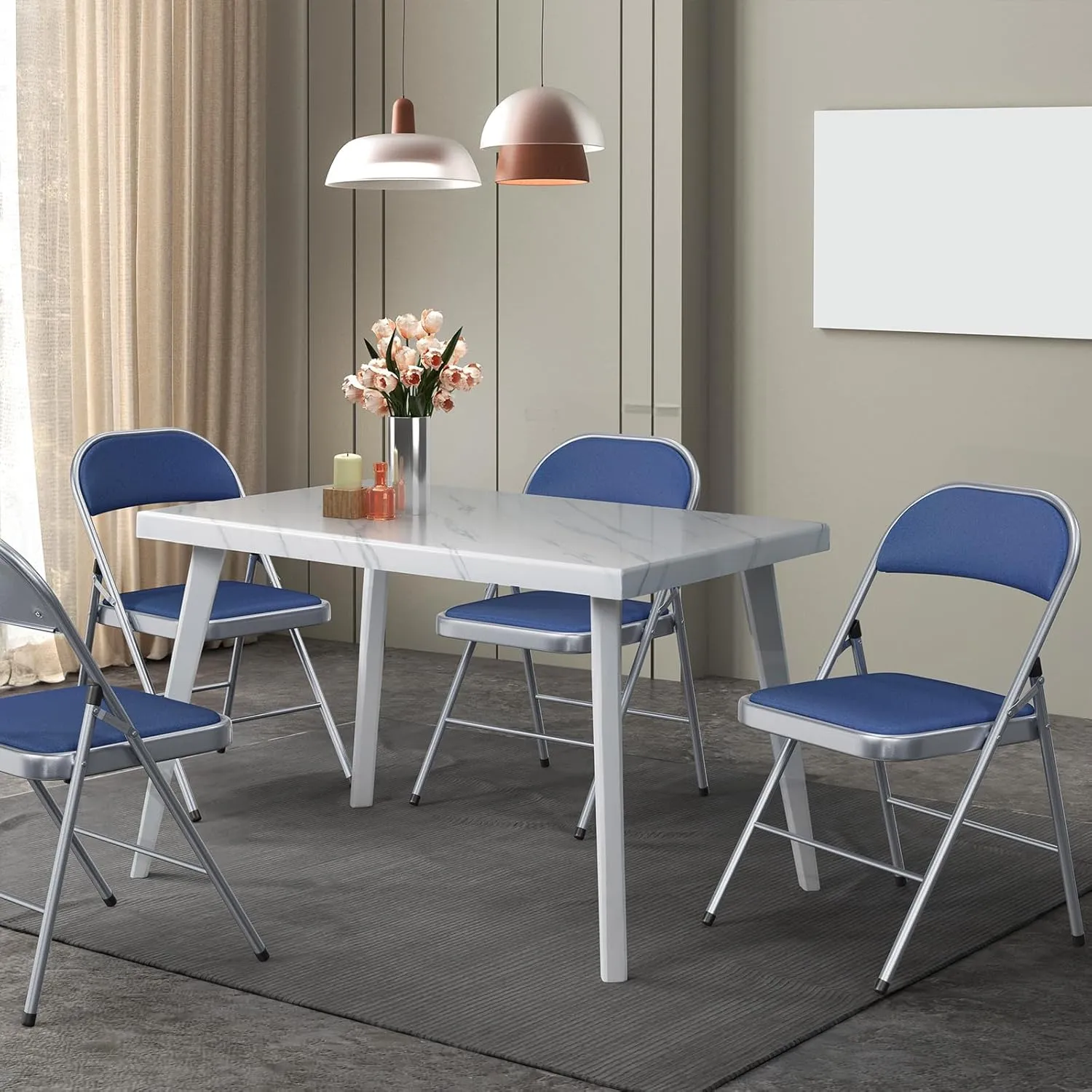 VINGLI 6 Pack Folding Chairs with Padded Seats, Metal Frame with Fabric Seat & Back, Capacity 350 lbs, Blue, Set of 6