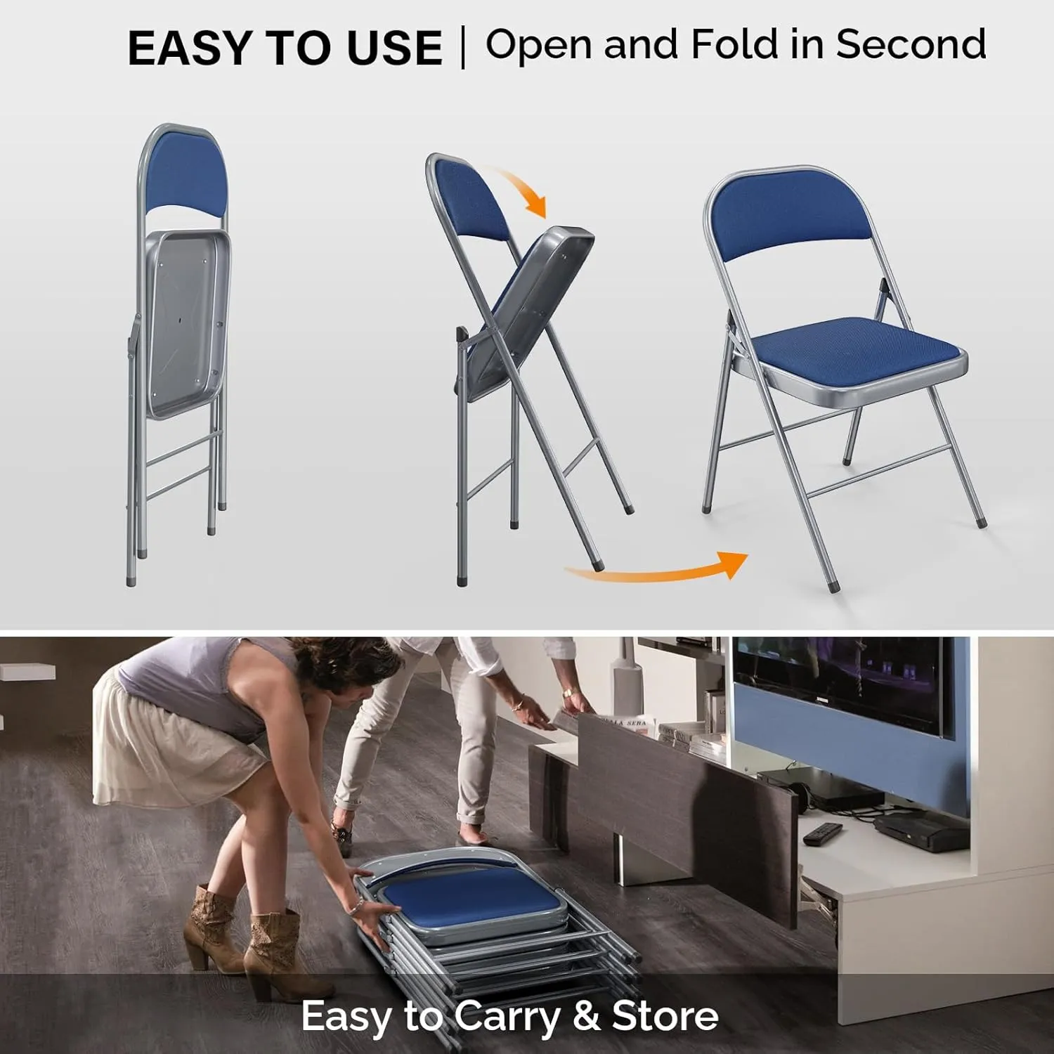 VINGLI 6 Pack Folding Chairs with Padded Seats, Metal Frame with Fabric Seat & Back, Capacity 350 lbs, Blue, Set of 6