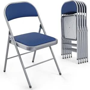 VINGLI 6 Pack Folding Chairs with Padded Seats, Metal Frame with Fabric Seat & Back, Capacity 350 lbs, Blue, Set of 6