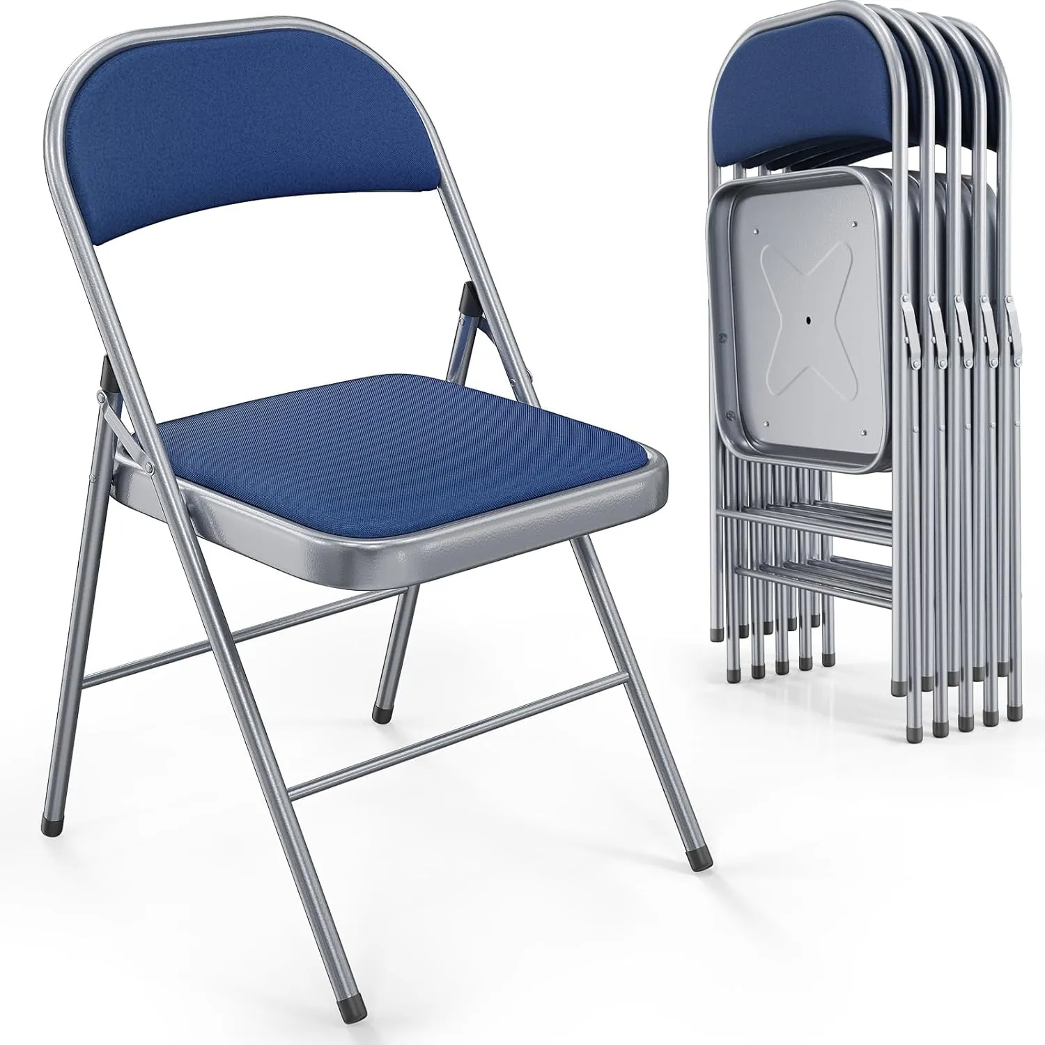 VINGLI 6 Pack Folding Chairs with Padded Seats, Metal Frame with Fabric Seat & Back, Capacity 350 lbs, Blue, Set of 6