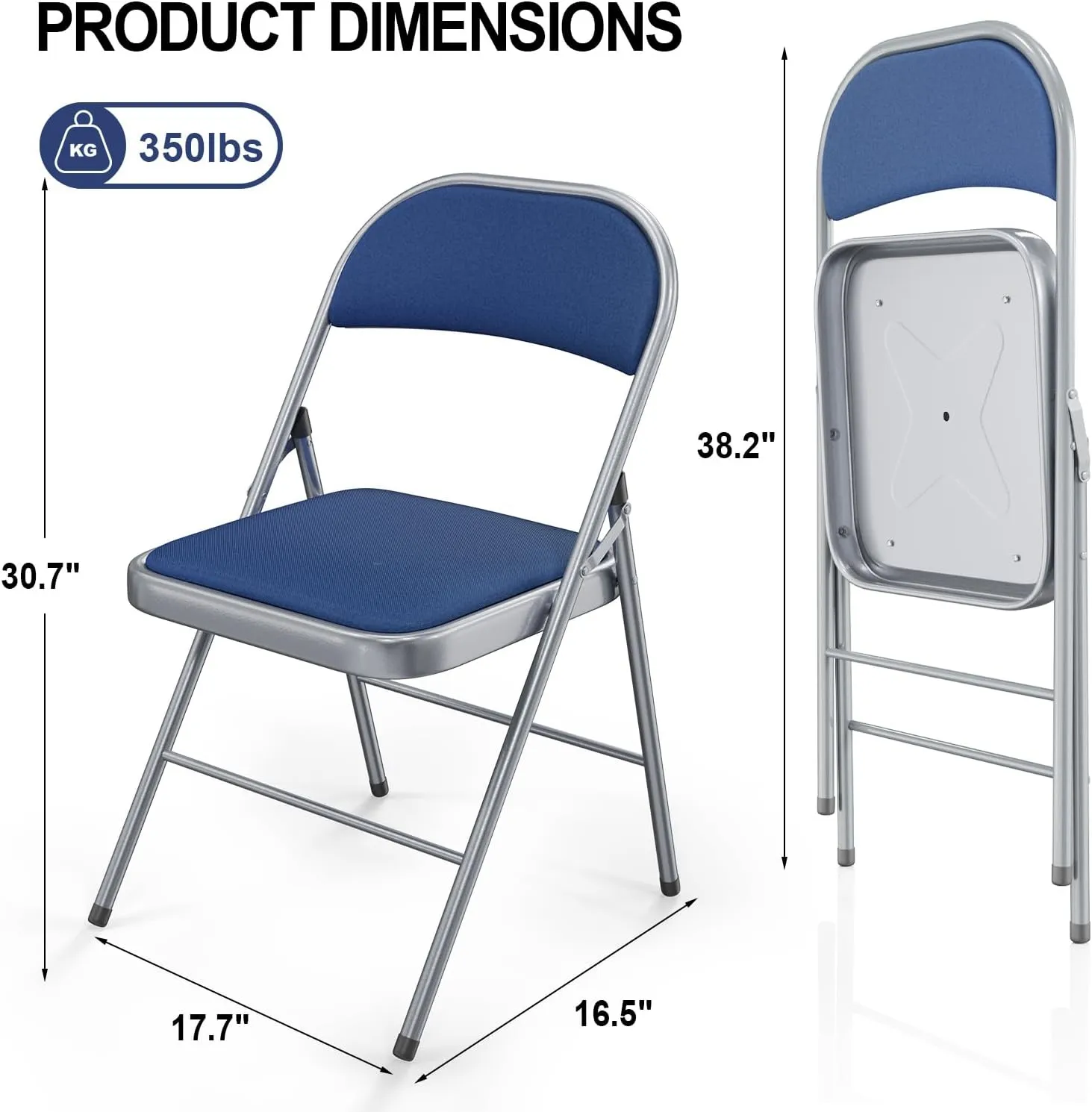 VINGLI 6 Pack Folding Chairs with Padded Seats, Metal Frame with Fabric Seat & Back, Capacity 350 lbs, Blue, Set of 6