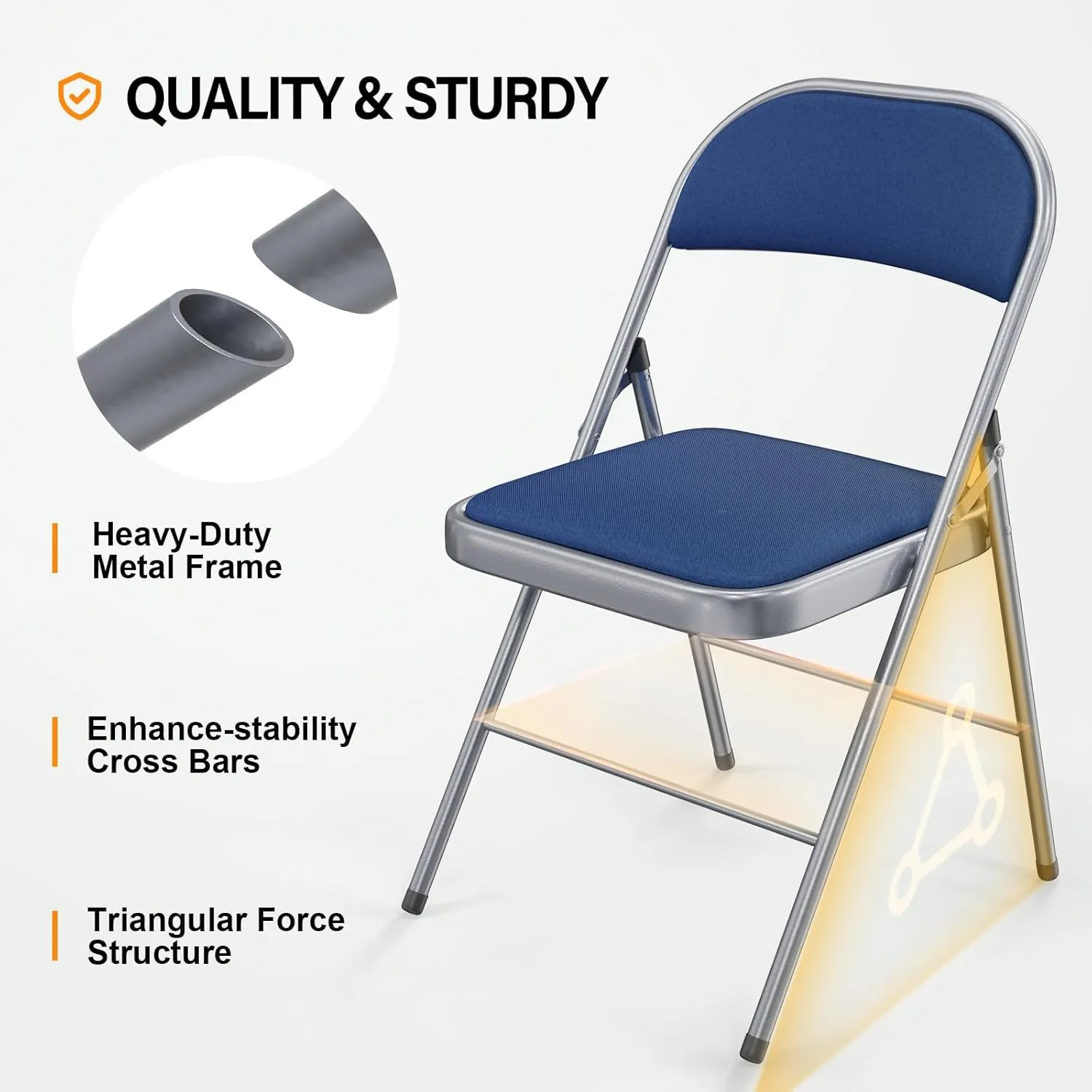 VINGLI 6 Pack Folding Chairs with Padded Seats, Metal Frame with Fabric Seat & Back, Capacity 350 lbs, Blue, Set of 6