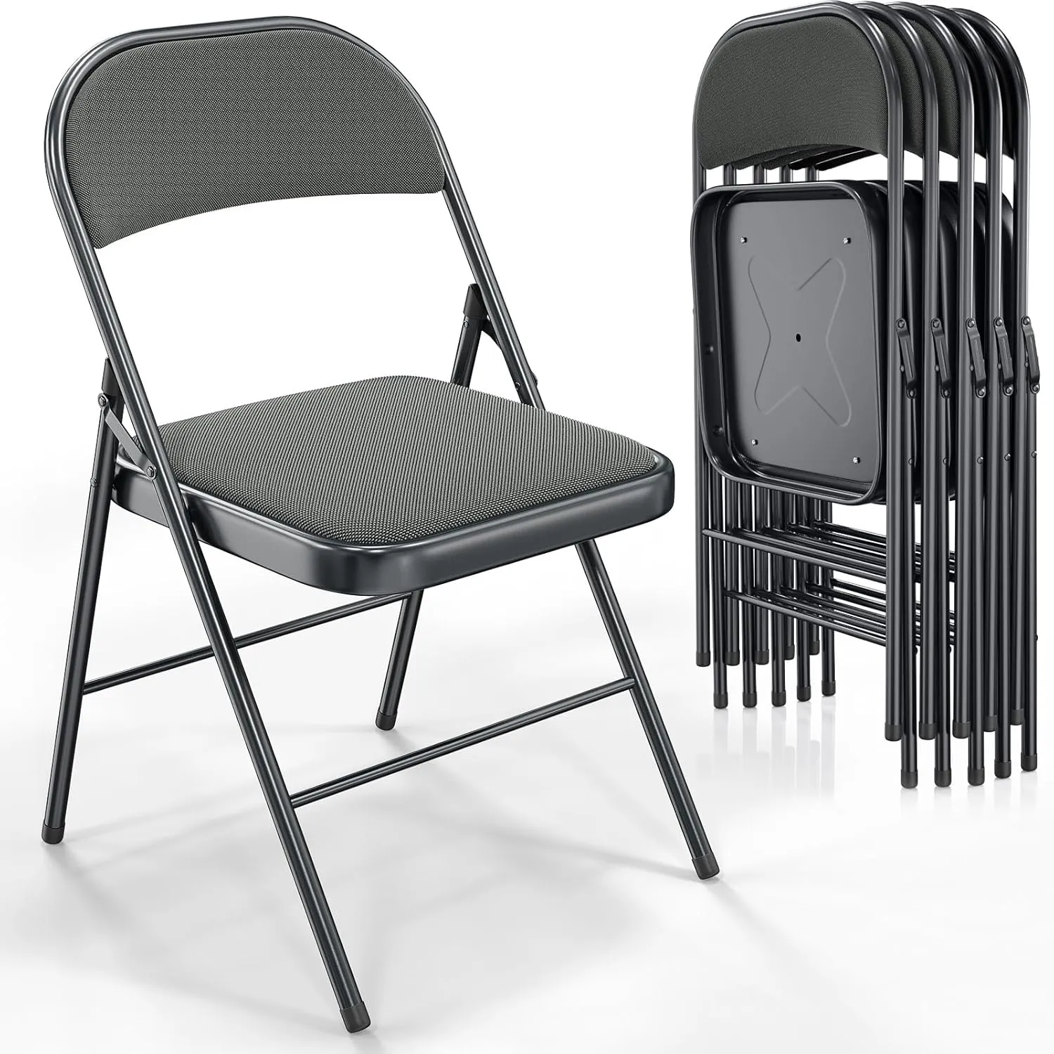 VINGLI 6 Pack Folding Chairs with Padded Seats, Metal Frame with Fabric Seat & Back, Capacity 350 lbs, Gray, Set of 6