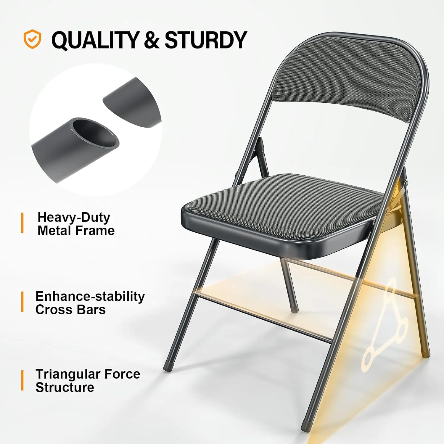 VINGLI 6 Pack Folding Chairs with Padded Seats, Metal Frame with Fabric Seat & Back, Capacity 350 lbs, Gray, Set of 6