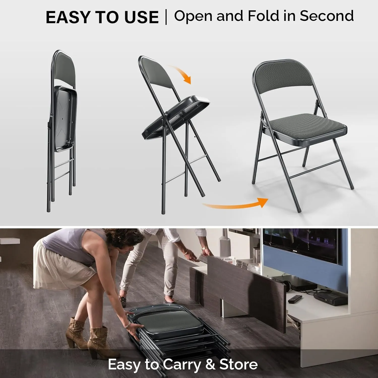 VINGLI 6 Pack Folding Chairs with Padded Seats, Metal Frame with Fabric Seat & Back, Capacity 350 lbs, Gray, Set of 6