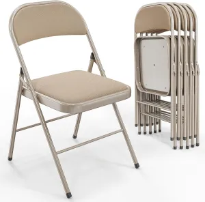 VINGLI 6 Pack Folding Chairs with Padded Seats, Metal Frame with Fabric Seat & Back, Capacity 350 lbs, Khaki, Set of 6